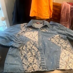 Denim Button-Up Shirt with Lace Insets - Blue